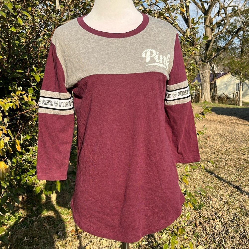 Victoria's Secret PINK Campus Tee 3/4 Sleeve Casual Top Size XS/S Burgundy